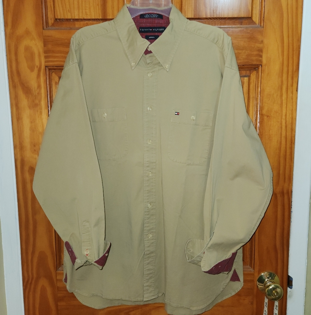 Tommy Hilfiger tan solid color stretch fabric button-down shirt | Size XL